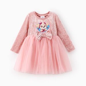 PAW Patrol Toddler Girl Skye Bowknot Velour Tulle Long-sleeve Mesh Dress Pink